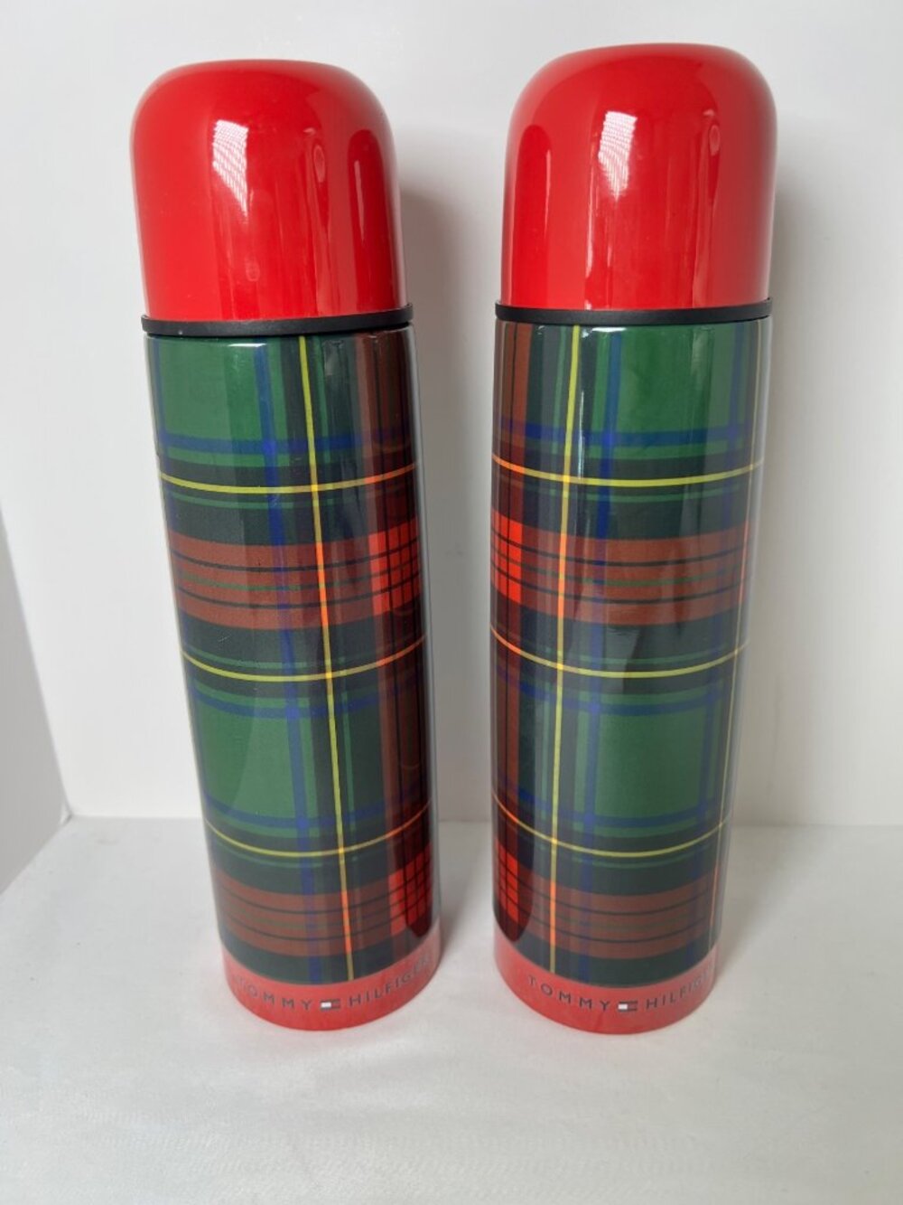 Tommy Hilfiger Red Plaid Vacuum Flask Set With Red Caps 10" Tall Green & Red The